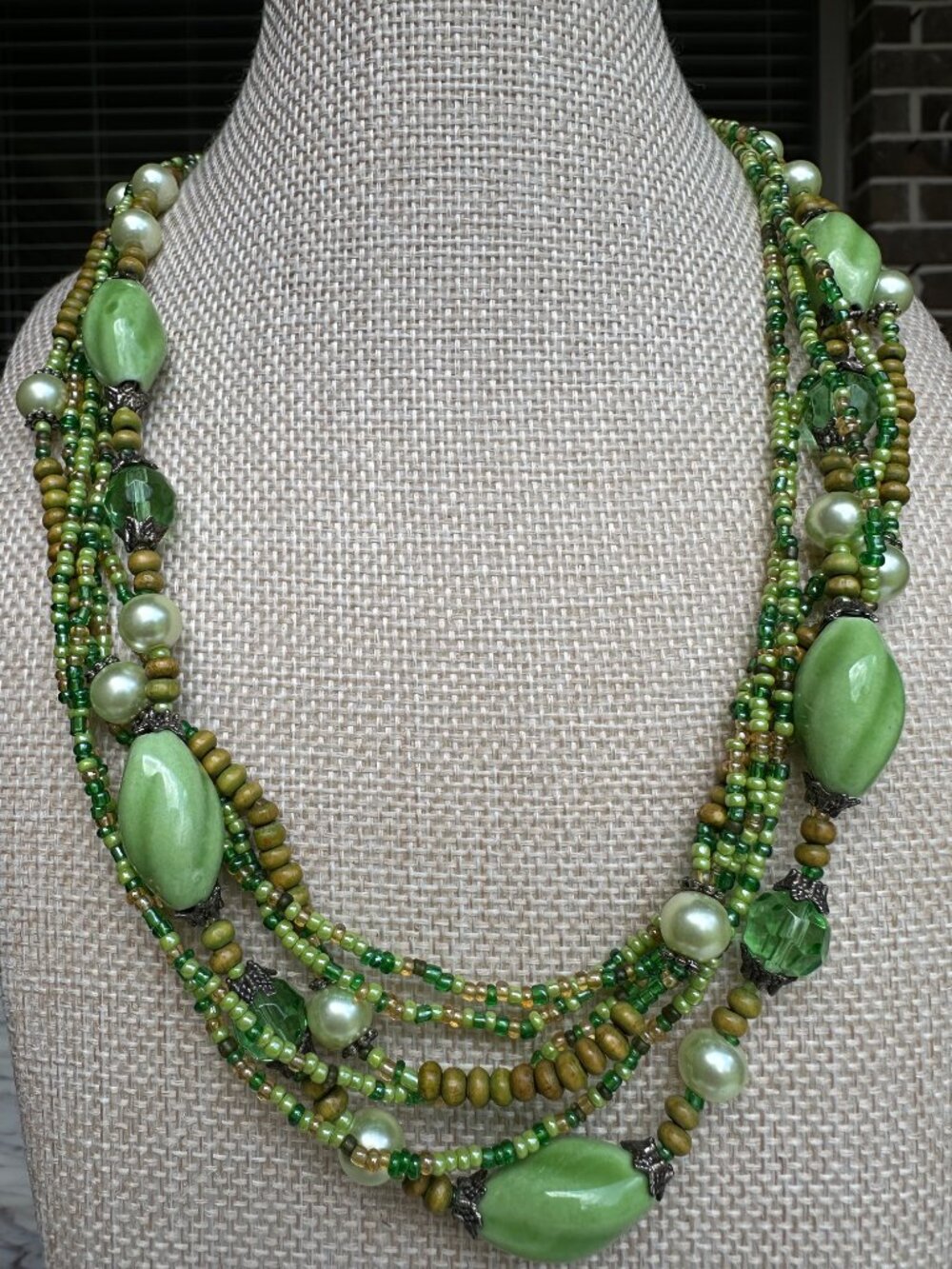 EsMor Green Multi-Colored Multi Strand Layered Beaded Chunky Necklace